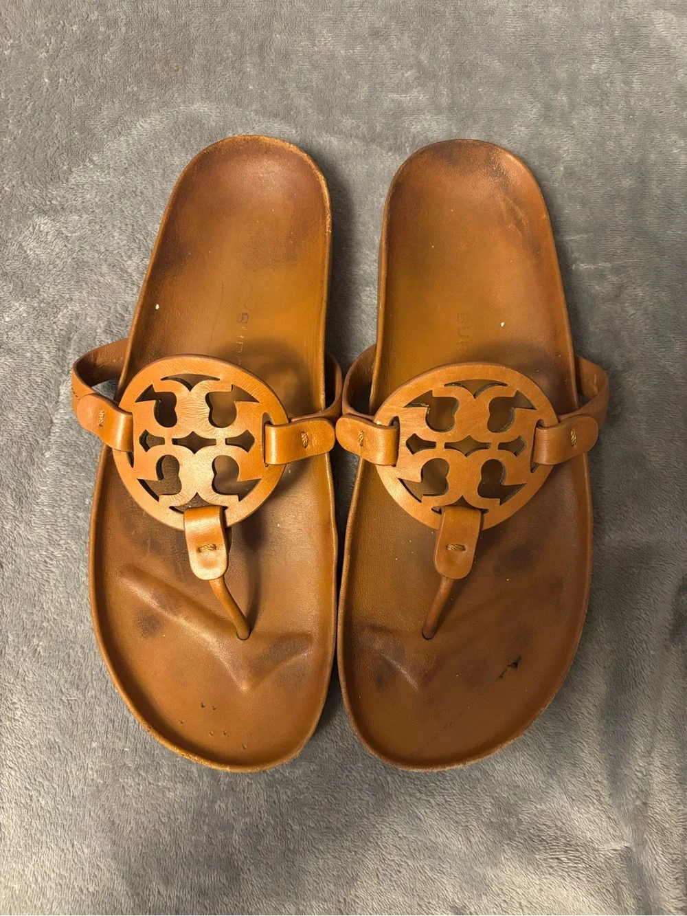 Tory Burch Cognac Leather Logo Thong Sandals